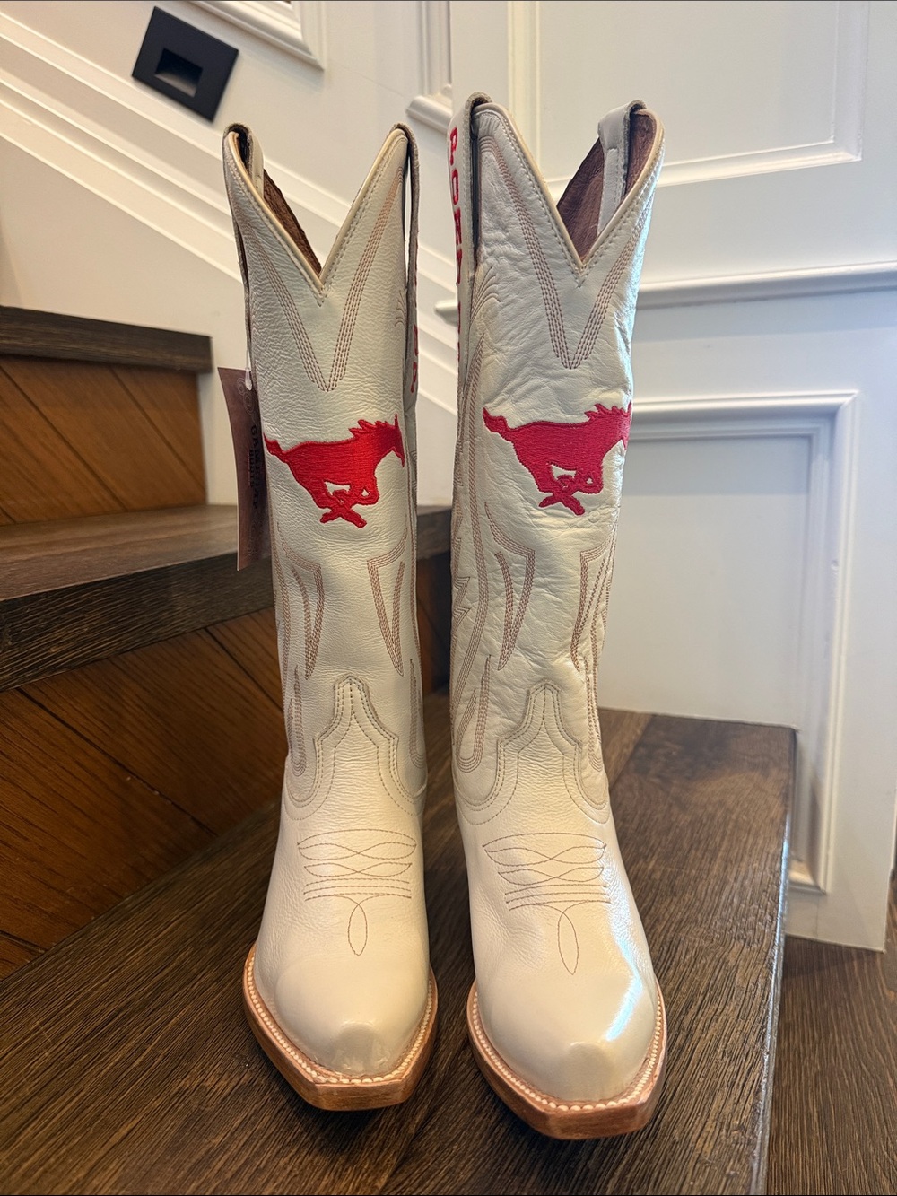 SMU White and Red Western Cowboy Boots with Mustang Motif